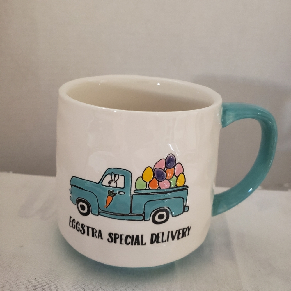Super cute XL Easter Mug that says  "Eggstra Special Delivery"